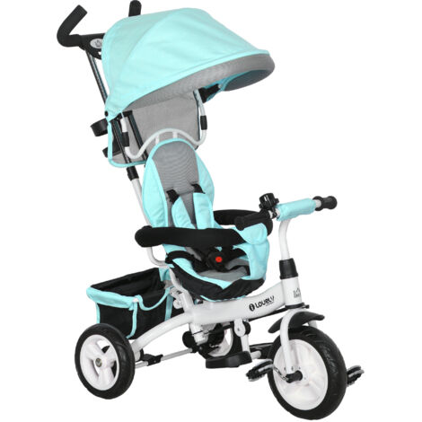 Tricycle 6 en 1 pour enfants avec poignée de poussée, capote, harnais de sécurité 5 points, rangement, repose-pieds et frein, pour les enfants de 1 à 5 ans, vert,Voiture électrique
