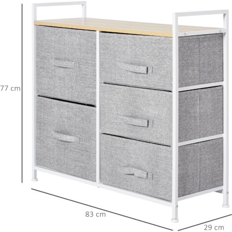 Commode à 5 tiroirs avec paniers à linge, étagères, poignées, structure en métal, pieds ...