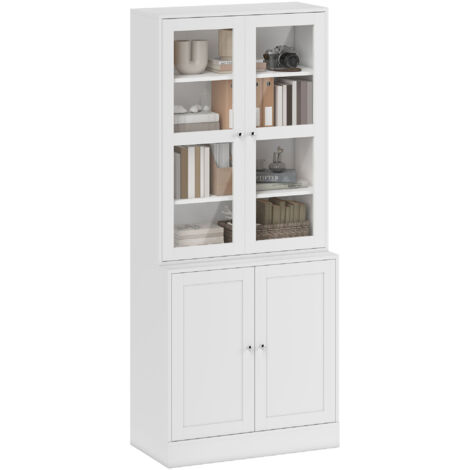 Bibliothèque moderne avec portes vitrées, vitrine avec étagères réglables pour salon, bureau, espace de travail, placard de cuisine avec petit comptoir ouvert, blanche (1/5)