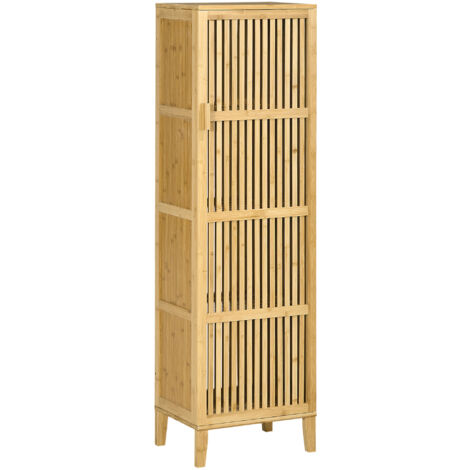 Meuble de rangement en bambou avec étagères et porte à lattes pour salle de bain, chambre, salon 40 x 30 x 140 cm (1/5)