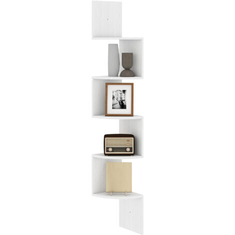 Étagère d'angle murale en forme de zigzag, bibliothèque, 20 x 20 x 126 cm, 5 niveaux, bois blanc (1/5)