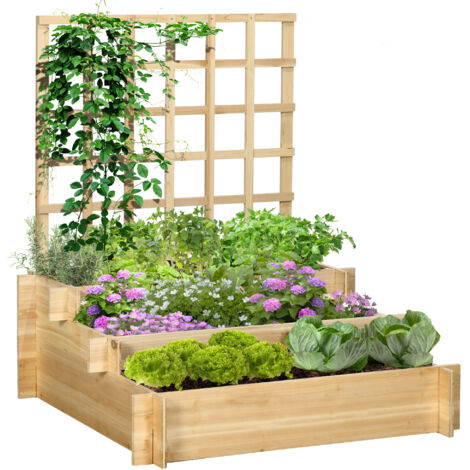 Potager en tour à 3 niveaux avec treillis en bois, 95x95x110 cm,Avec sacs géotextile (1/5)
