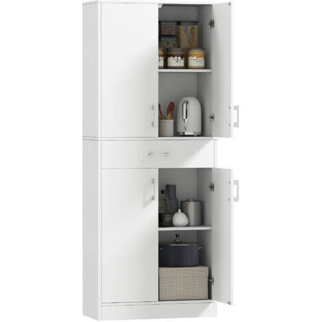 Buffet de cuisine haut de gamme à 4 portes, 2 placards et 1 tiroir central, hauteur 180 cm, avec 2 étagères réglables, blanc (1/5)