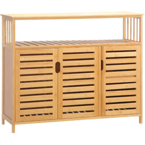 Buffet de rangement à 3 portes ouvertes et étagères en bambou naturel de 100 x 35 x 82 cm (1/5)