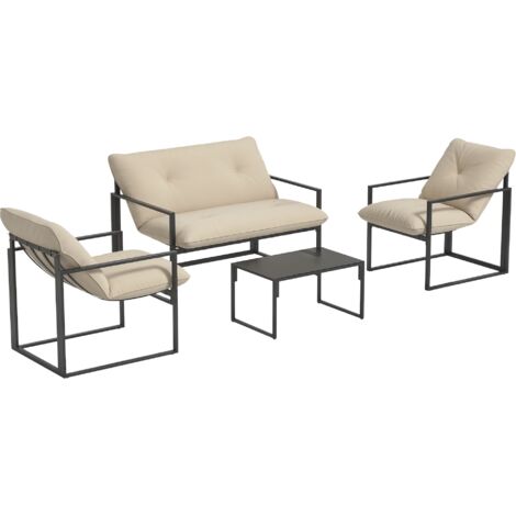 Salon de jardin 4 pièces pour 4 personnes avec un canapé 2 places, 2 fauteuils et une table basse grise (1/5)