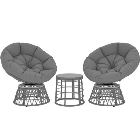 Ensemble de salon de jardin 3 pièces comprenant 2 fauteuils papasan pivotants et 1 table basse ronde en résine polyester tressée (1/5)
