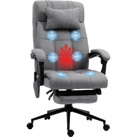 Fauteuil de bureau massant chauffant à hauteur réglable (112,120 cm), ergonomique et inclinable, revêtu d'un tissu effet lin gris, (1/5)