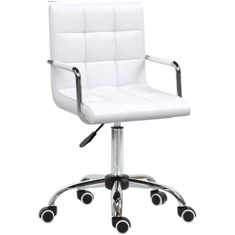 Chaise de bureau en similicuir, chaise de coiffeuse avec dossier mi,haut, accoudoirs, roulettes pivotantes, hauteur réglable, blanche (1/5)