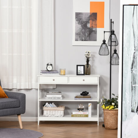 HOMCOM Console Avec 2 Étagères - Meuble Entrée Plateau Verre 100x30x78cm Acier Noir