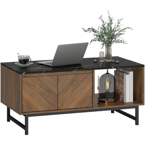 Table basse, table de salon, plateau effet marbre, 2 portes et 2 niches ouvertes, 100 x 50,8 x 45,7 cm, noyer (1/5)