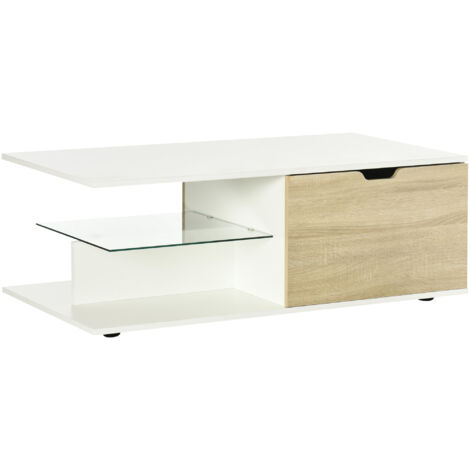 Table basse rectangulaire au design contemporain, 2 tiroirs, 2 étagères ouvertes, plateau en verre trempé, panneaux blancs aspect chêne clair (1/5)