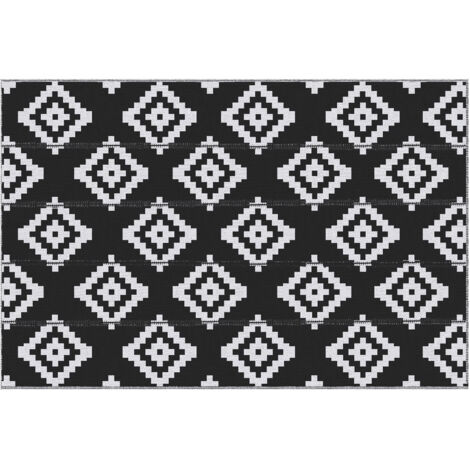 Tapis d'extérieur , Style graphique , Tapis réversible à 2 motifs , Dimensions : 2,74 m (L) x 1,82 m (l) , Polypropylène haute densité 310 g/m² Noir et blanc (1/5)