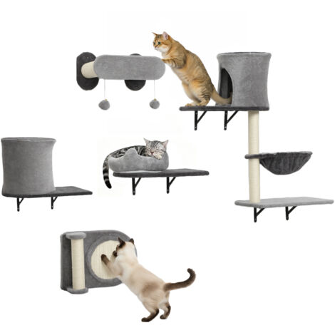 Étagères murales pour chats, arbre à chat mural, 5 pièces, plateformes hamac à 2 compartiments, griffoirs en sisal gris (1/5)