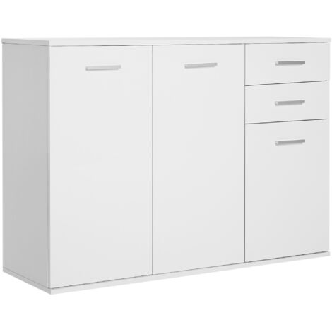 Buffet de rangement coulissant à 2 tiroirs, 2 placards, étagère réglable, panneaux de particules, blanc (1/5)