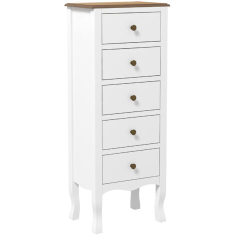 Commode à 5 tiroirs, meuble de rangement compact blanc avec poignée bouton effet laiton