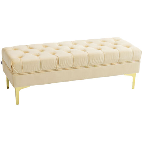 Banc de lit de style classique et chic, Dimensions : 118 cm de long x 45 cm de large x 42 cm de haut, Pieds en métal doré, revêtement en velours beige,