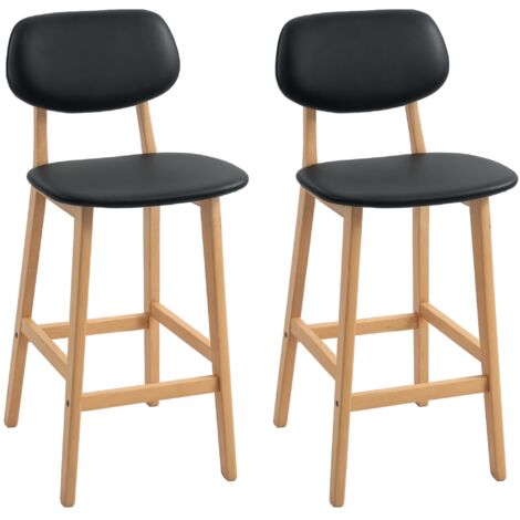 Ensemble de 2 tabourets de bar, chaises hautes, revêtement synthétique avec dossier et pieds en bois, noirs (1/5)