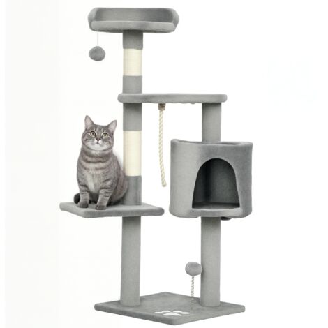 Arbre à chat multifonctionnel avec griffoirs, poteaux à griffer, plateformes, couchages, cordes, jouets, 40 x 40 x 114 cm, gris (1/5)