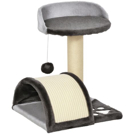 Arbre à chat avec griffoir, jouet à griffer, balle suspendue et plateforme en peluche, sisal naturel, gris foncé (1/5)