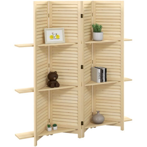 Paravent intérieur à 4 panneaux, 160 cm (L) x 170 cm (H), 3 étagères pliables, stores en bambou naturel (1/5)