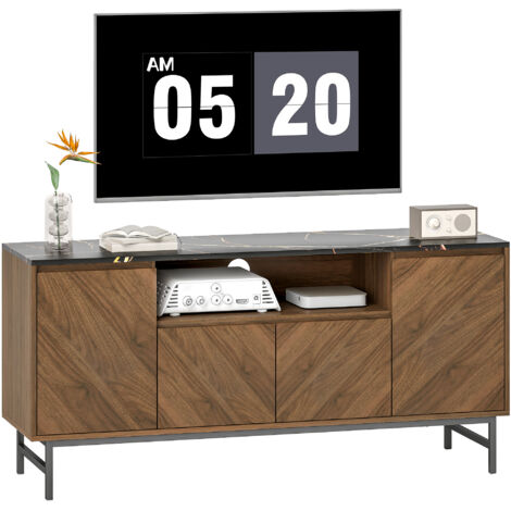 Meuble TV jusqu'à 65 pouces, meuble TV en bois avec compartiment ouvert et système de gestion des câbles, effet marbre, 140 x 39 x 66 cm, noyer (1/5)