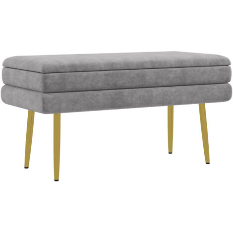 Banquette,coffre 2 en 1 avec coffre de rangement, assise en velours et pieds en acier , 79,5 cm (L) x 37,5 cm (l) x 43 cm (H), gris et or (1/5)