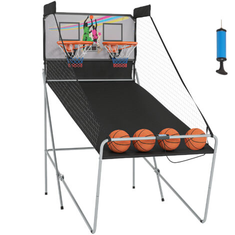 Panier de basket pliable à 2 paniers avec 4 ballons et une pompe de gonflage, panier avec système de score, 4 boutons de commande et 8 modes de jeu, 205 x 110 x 205 cm, noir et blanc (1/5)