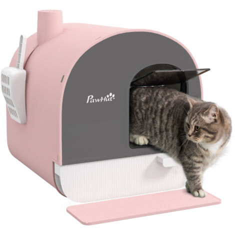 Bac à litière pour chatons avec couvercle, pelle, filtre et porte à clapet, rose (1/5)