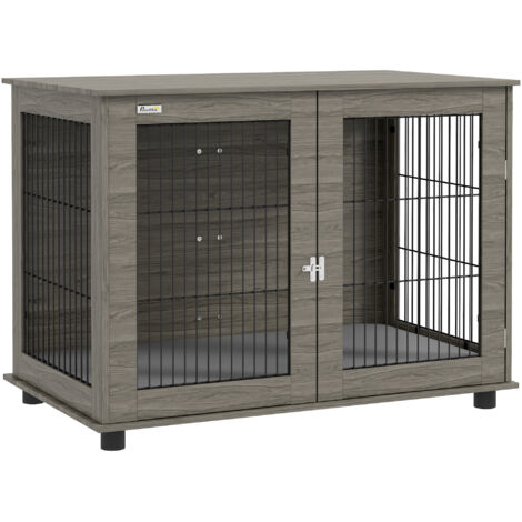 Cage pour chien 2 en 1 avec table d'appoint, coussin moelleux amovible, porte verrouillable, 100 x 60 x 73,5 cm, grise (1/5)