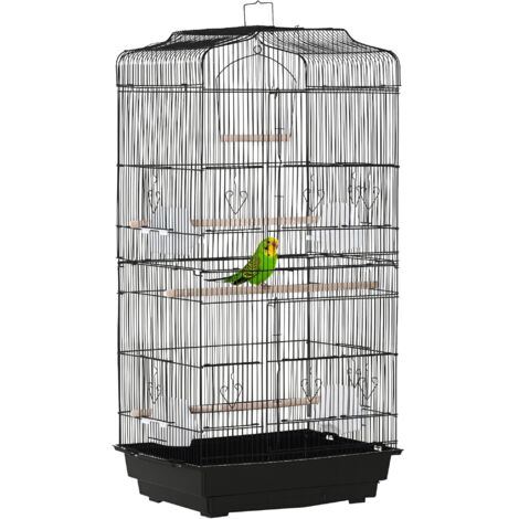 Grande cage à oiseaux en métal avec support, perchoirs, mangeoires et balançoire, pour perruches ondulées et perruches ondulées, noire. (1/5)