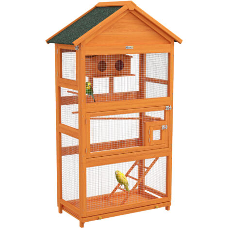 Cage à oiseaux en bois, cage pour perroquet, aire de jeu, toit étanche en asphalte, 92 x 52 x 171 cm, orange (1/5)