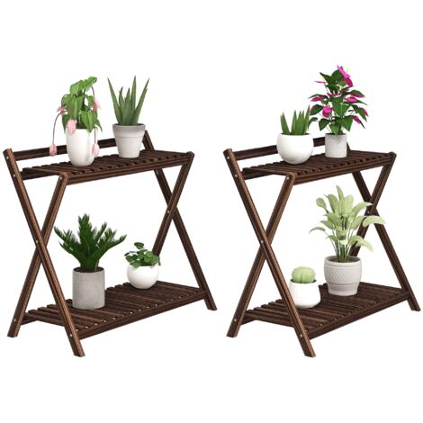 Ensemble de 2 supports pour plantes d'intérieur, étagères à 2 niveaux avec support arrière, 73 x 36 x 64 cm, marron (1/5)