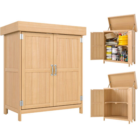 Petit abri de jardin en bois avec toit ouvrant à charnières et étagère amovible, coffre de rangement extérieur pour outils avec double porte, 74 x 43 x 88 cm, finition bois naturel (1/5)