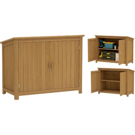 Armoire de jardin extérieure en bois avec toit incliné, 2 étagères et 2 portes, 110 x 50 x 85 cm, marron (1/5)