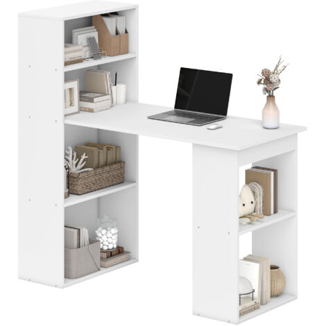 Bureau d'ordinateur 120 cm, table en bois avec 6 étagères de rangement, poste de travail, blanc (1/5)