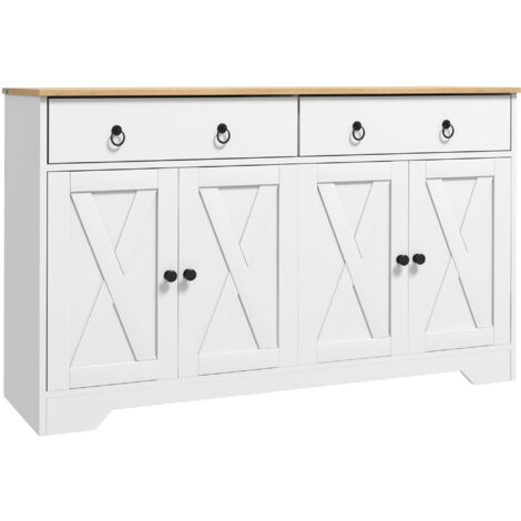 Buffet de cuisine style campagnard, 2 tiroirs et 2 placards avec étagères à hauteur réglable, blanc (1/5)