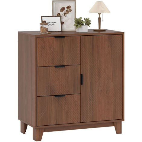 Buffet de rangement avec porte, 3 tiroirs et une étagère réglable, 75 x 39 x 80 cm, aspect bois brun (1/5)