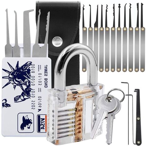 Kit de crochetage de 24 pièces avec cadenas d'entraînement transparent et outil de crochetage de type carte de crédit par LockCowboy + Guide pour serruriers débutants et professionnels