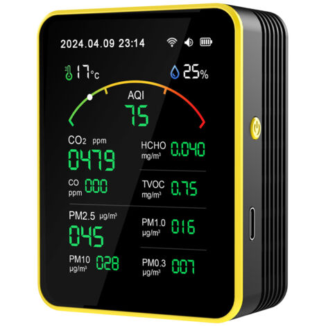 Détecteur qualité air maison 15-en-1, mesure CO2 PM2.5 COVT eau conso élec température humidité, écran couleur auto-étalonnage