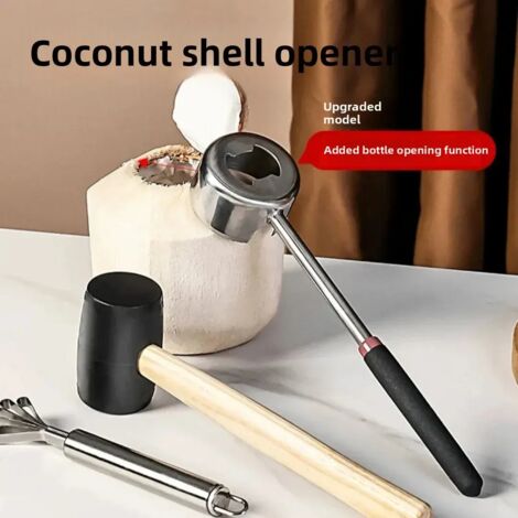 Ouvre-noix de coco nouveau style  Avec marteau manche acier  Ouvre coque facile  Outil 2-en-1  Pour cuisine tropicale et bar (1/5)