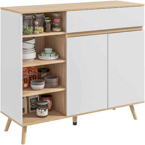 Buffet de rangement de cuisine de style scandinave : 1 placard à double porte, 1 tiroir et 4 compartiments à étagères réglables, blanc (1/5)