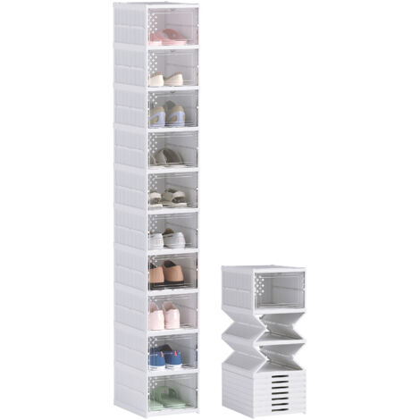 Étagère à chaussures à 10 niveaux, meuble à chaussures pliable, dos aéré, plastique, blanc (1/5)