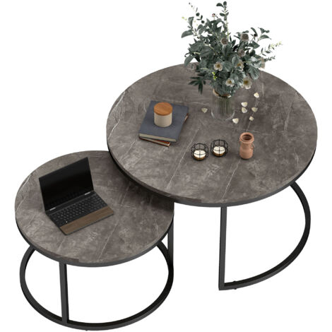 Ensemble de 2 tables basses gigognes de style industriel, rondes, avec plateau imitation marbre et structure en acier.