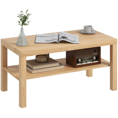 Table basse de salon, table d'appoint rectangulaire à 2 niveaux avec étagère de rangement, 90 x 45 x 44,5 cm, bois naturel (1/5)