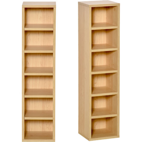 Ensemble de 2 étagères colonnes. Meuble de rangement pour CD/DVD, 6 + 6 compartiments. Dimensions : 21 x 19 x 88 cm (L x l x H). Capacité maximale : 160 CD. Couleur : hêtre. (1/4)