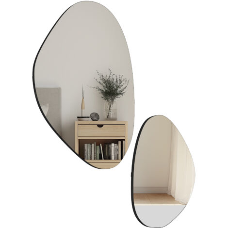 Ensemble de 2 miroirs muraux 70 x 46 cm et 49,5 x 31 cm, miroirs de fenêtre avec cadre en métal, miroirs suspendus en forme de galet, noirs (1/5)