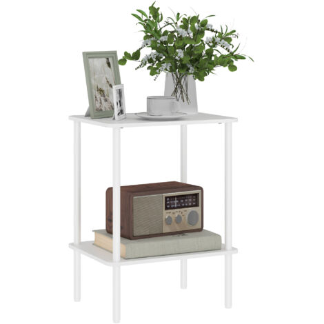 Table d'appoint moderne à deux niveaux avec compartiment de rangement et structure en métal, idéale pour le salon ou la chambre, blanche. (1/5)