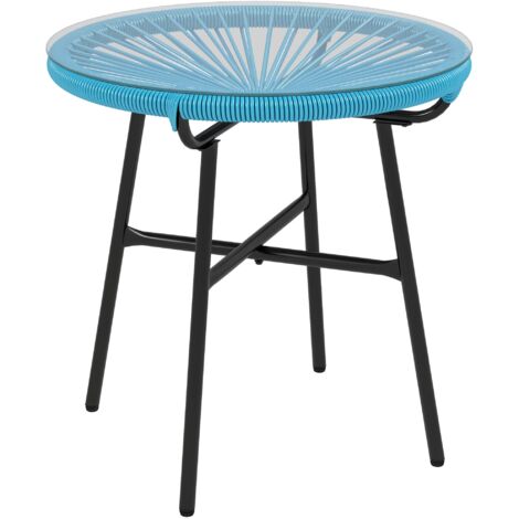 Table d'appoint ronde de jardin en résine imitation rotin, métal et plateau en verre trempé. Diamètre : 50 cm hauteur : 50 cm. (1/5)