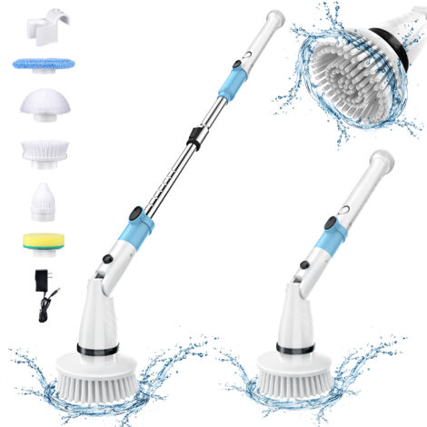 Brosse de nettoyage rotative sans fil 450 tr/min, 5 têtes interchangeables, bras télescopique, autonomie 1,5 h – pour baignoire, carrelage, sol, mur et lavabo