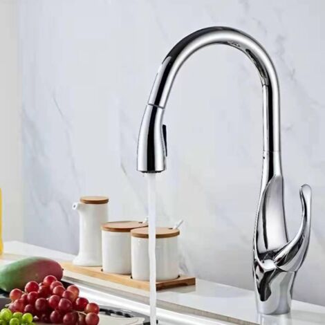Robinet de cuisine extractible en laiton, mitigeur d'évier, extractible, pivotant, 147 cm, chrome(Avec Tuyaux) (1/5)